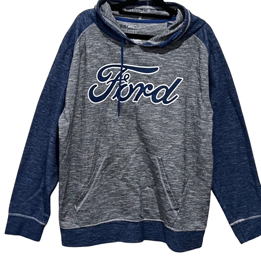 Ford Racing Hoodie Pullover Gray Blue Mens Raglan Long Sleeve Kanga Pocket Large